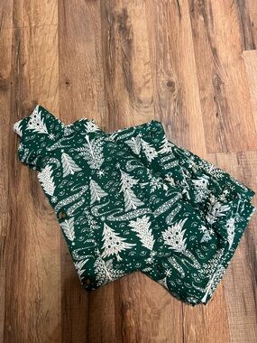 Green Holiday Tree Print Button-Up Shirt and bottoms. Christmas Pajamas